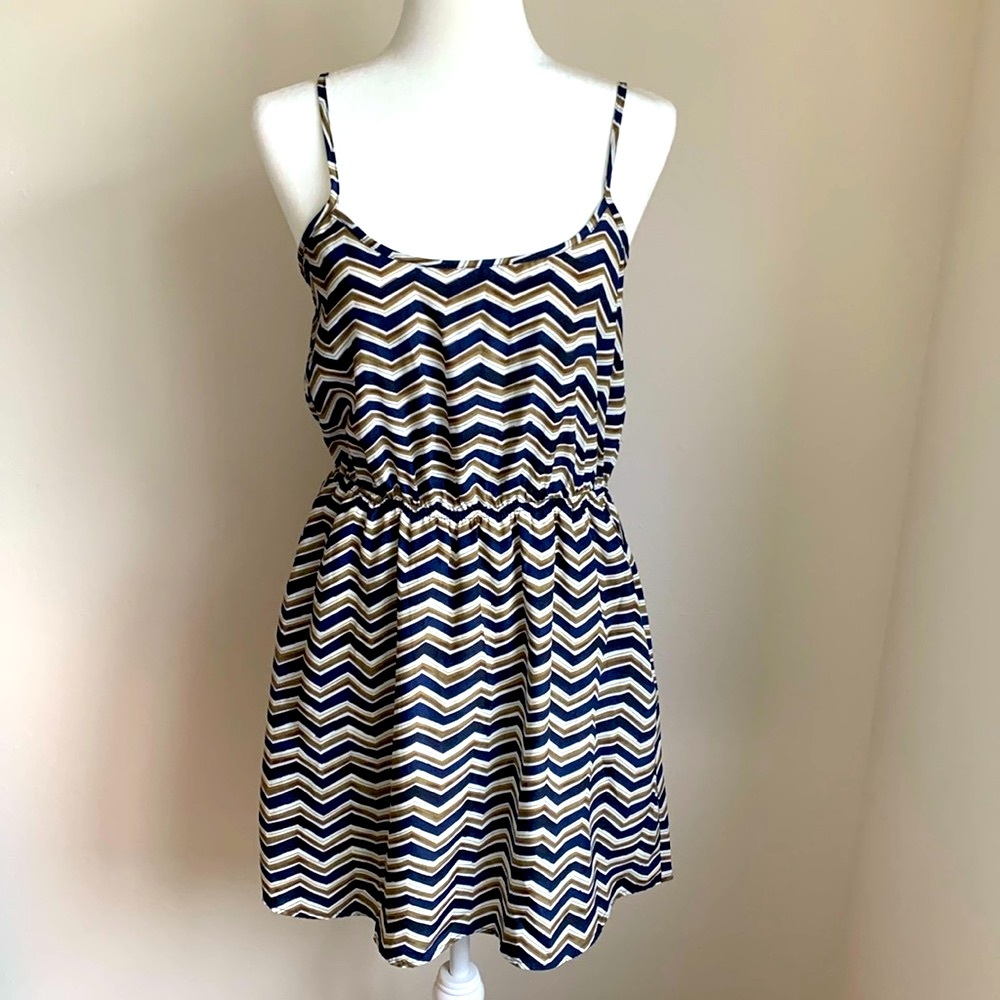 Blue, Gold, Cream Chevron Striped Mini Dress